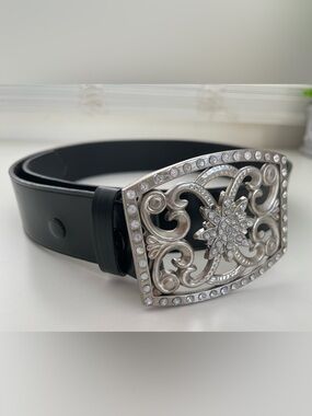 Leather Belt with Rhinestone Bling Buckle 36”in